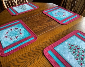 Teal, Burgundy and Pink Christmas Placemats,  Quilted Placemats, Set of 4, Each a Different Scene
