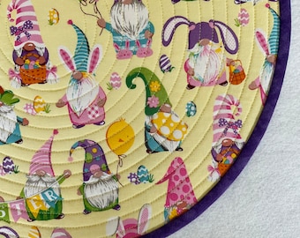 Easter Gnomes, Colorful Easter Gnomes with Easter Eggs and Balloons, Quilted Cotton Round Placemats, Sold in Sets of 2