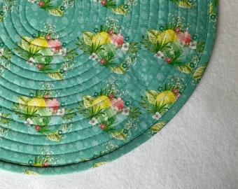 Quilted Easter Placemats, Teal Blue Eggs and Flowers, Set of 2