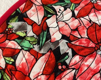 Stained glass Poinsettias in red, white, pink & green Christmas round quilted placemats