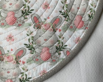 Gray and Pink Bunny Rabbits, Easter Placemats, Quilted Round Cotton Placemats, Sold in Sets of 2