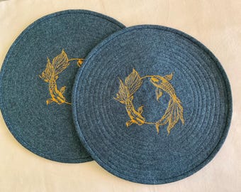Embroidered Goldfish Placemats, Blue Linen Cotton, Asian Decor (Set of 2)