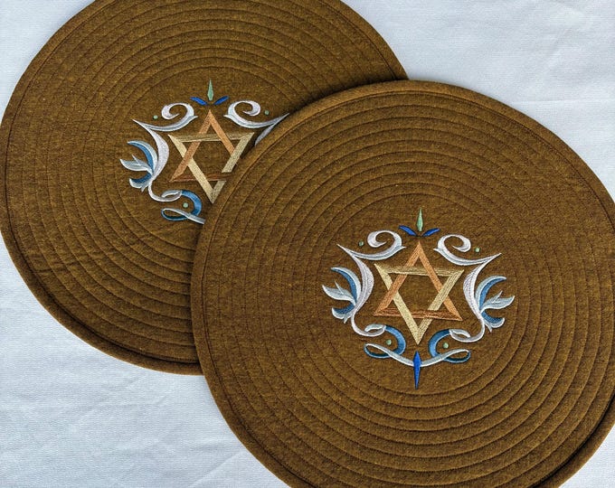 Featured listing image: Star of David Embroidered Placemats, Quilted Round Table Decor (Set of 2)