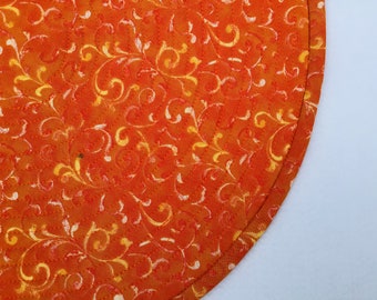 Orange Crush, Orange, Yellow and White Swirl Print Quilted Round Placemats, Sold in Sets of 2