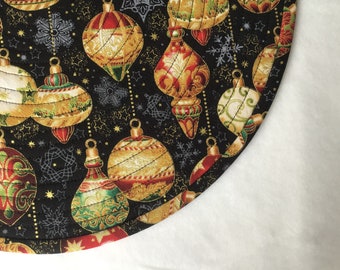 Gold Decorated Christmas Ornaments on a Rich Black Background. Quilted Round Placemats. Sold in Sets of 2