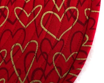 Hearts of Gold on a red background, Quilted Round Placemats, Sold in Sets of 2