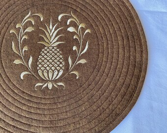 Embroidered Pineapple Placemats, Spice Brown Linen Cotton, Set of 2