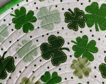 St Patrick's Day Placemats, Assorted  Shamrocks on white background Quilted Round Placemats, Sold in Sets of 2