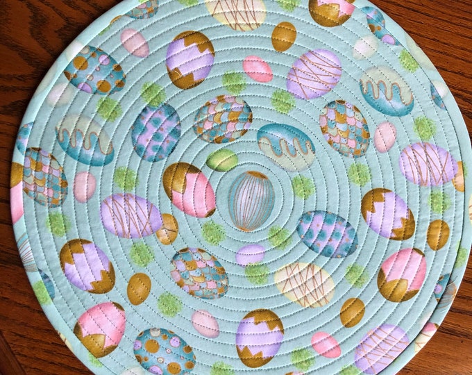 Featured listing image: Easter Egg Placemats, Painted Easter Eggs, Golden Eggs, Round Quilted Easter Placemats, Sold in Sets of 2