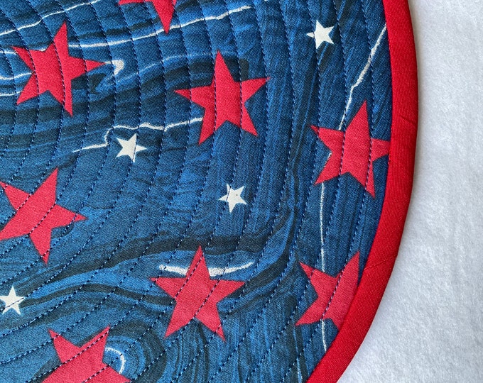 Featured listing image: Patriotic Quilted Round Placemats, Red White and Blue, Metallic Silver (Set of 2)