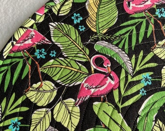 Flamingos on Black Quilted Round Placemats