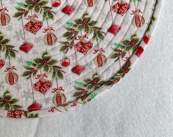 Delicate Red Christmas Ornaments Hanging From Holly Boughs on a White Background, Quilted Round Placemats, Sold in Sets of 2