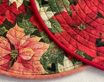 Peachy Pink, Red and White Poinsettias Quilted Round Placemats,
