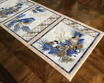 Holiday Blue Birds, Christmas Blue Birds 4 Panel Table Runner, Christmas Table Runner