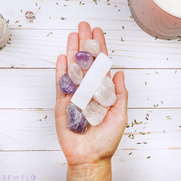 Healing Crystals Kit Gift Set, Calming Anxiety Gemstones of Amethyst, Rose Quartz, Clear Quartz, and Selenite