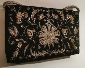 Vintage 20s 30s Zardozi Clutch Purse - Black Velvet Embellished Ruby Red Beads with Silver and Gold Wirework Embroidery.