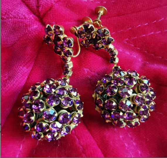 Vintage 60s 70s Disco Ball Rhinestone Dangle Earrings Purple Amethyst Hot Pink Colours