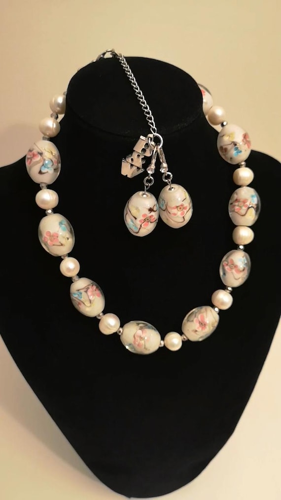 Rare Vintage Butler and Wilson Japanese Sommerso Flower Glass Necklace with White Pearls and Silver Spacer Beads. Matching Earrings included