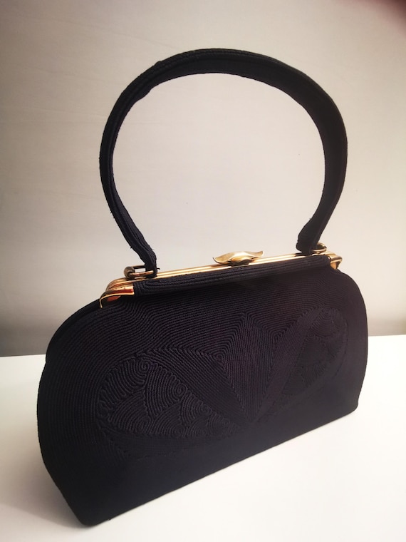 Vintage 40s 50s Corde handbag, fabulous French navy blue corded pattern with ornate gold clasp and frame. A Genuine CORDE' Made in England.