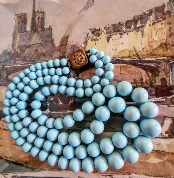 Vintage Louis Rousselet Blue Swirl Glass Beaded Necklace Made in France