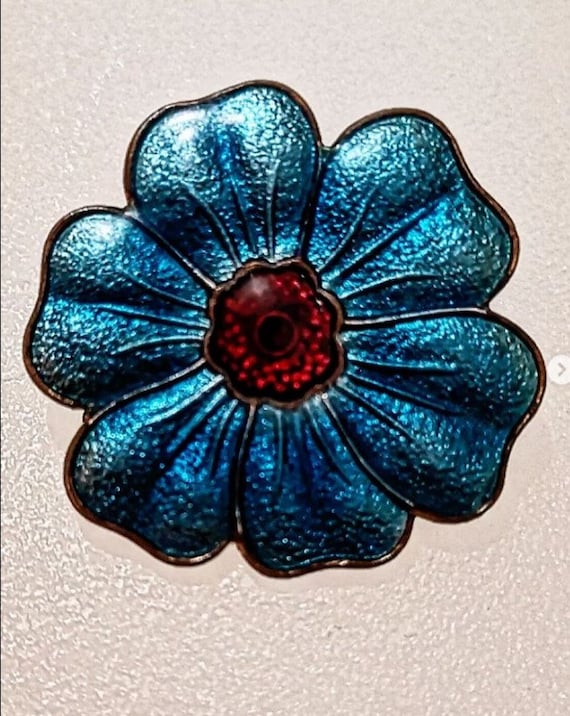 Antique Guilloche Turquoise and Red Enamel Flower Brooch Badge Pin Gilt Back Marked Stratton Birmingham Copyright.