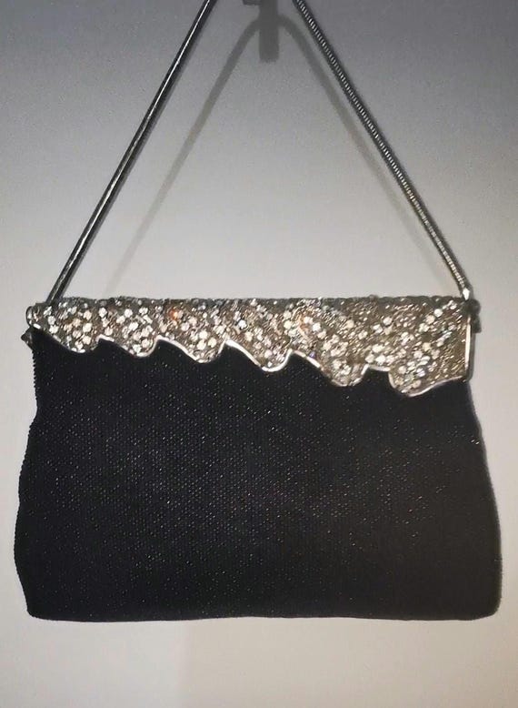 40s/50s Black Micro Beaded Evening Purse rhinestone frame with seed pearls. Heavy quality, flip top opening.