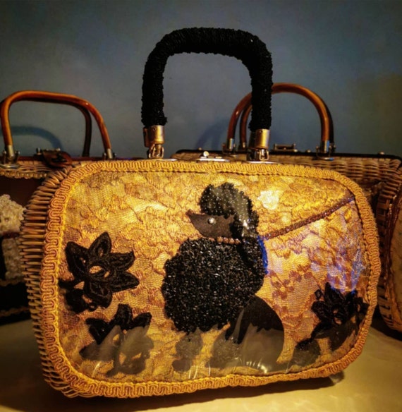 Vintage 50s Black Beaded Poodle Rattan Wicker Purse. Simon Bag. Gorgeous!