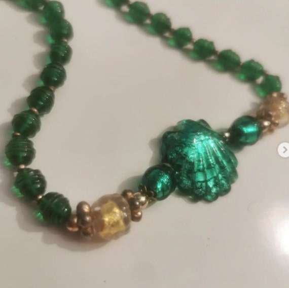Vintage Czech Green Foil Glass Seashell Necklace with Gold Aventurine Beads and  Ornate Spacer Beads.