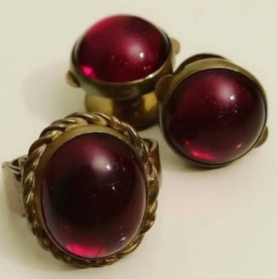 Antique French Victorian Cravat Ring with 30s Cufflink Studs with Glass Garnet colour Cabochons signed F Moore & Co.