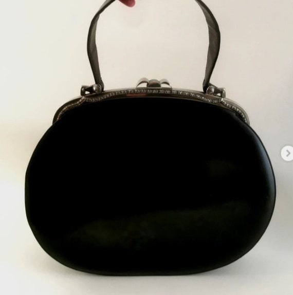 Vintage 50's Schiaparelli Rare! Elsa Schiaparelli Black Leather Handbag. NEW YORK, PARIS label.