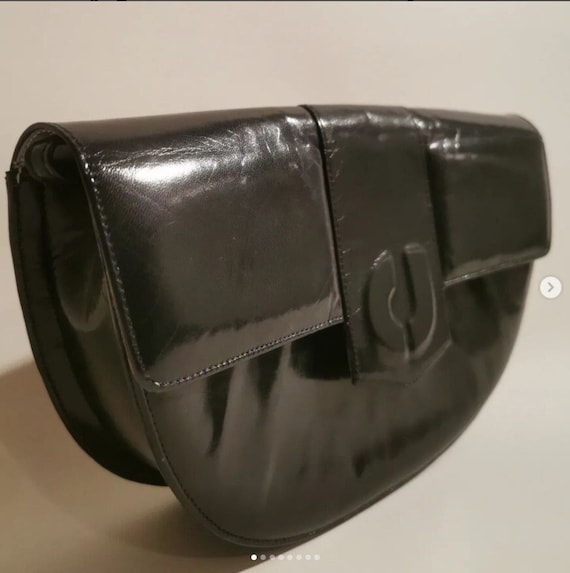 Charles Jourdan Vintage 80s Black Leather Monogram CJ Semi Circle Clutch or Shoulder Bag