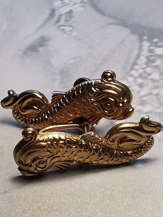 Vintage Mythological Dolphin Sea Creature Gold Fish Earrings Screw Back earrings 1/20 12k Gold Filled