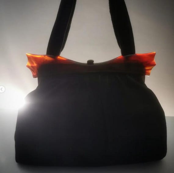 Vintage 40s 50s Jane Shilton, Black Suede Bag, Gorgeous Faux Batwing Tortoiseshell Frame.