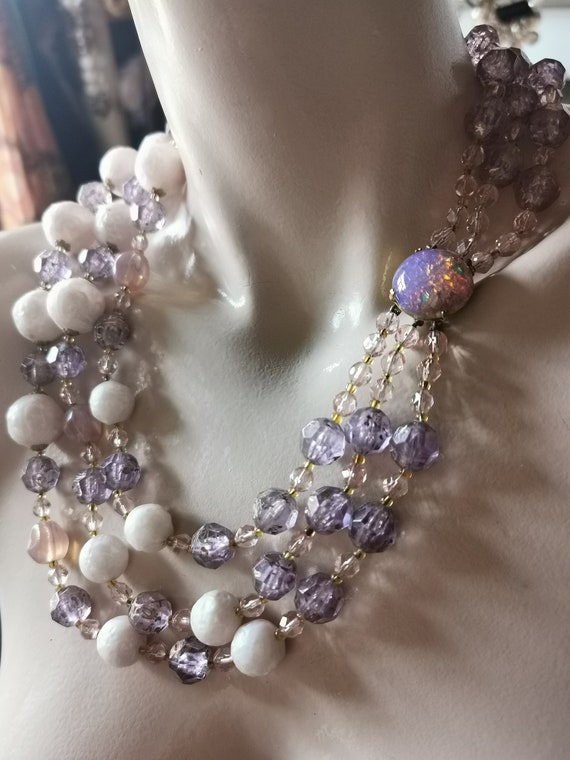 Vintage Faux Opal Beaded Necklace Large Snowball Pearlescent, Lavender & Pink Faceted Beads