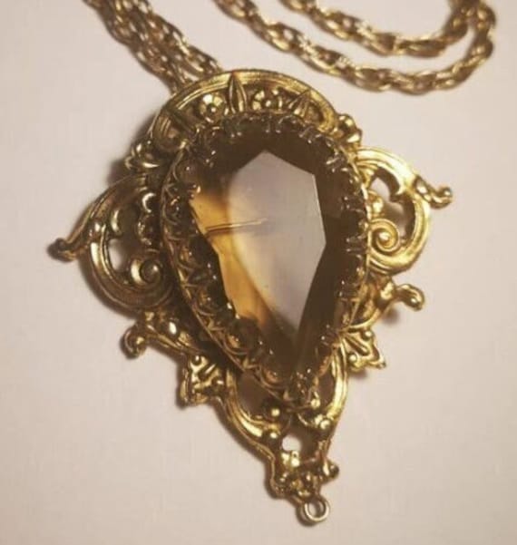 Large Vintage 70s Victorian Revival Smoky Glass Quartz Cairngorm Pendant Brooch on long Chain Unsigned Sphinx.