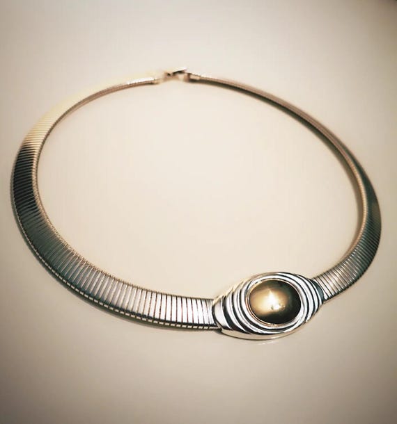 Vintage Kenneth Jay Lane Silver Snake Omega Collar Necklace signed K. J. Lane