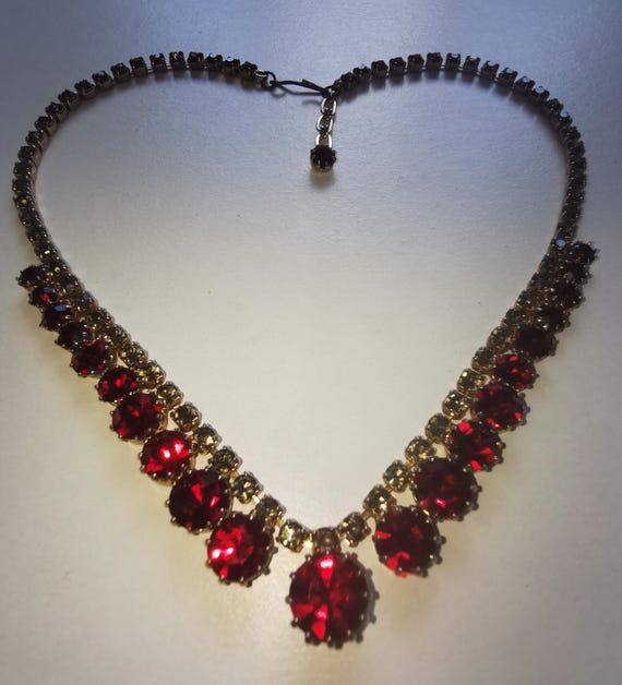 Vintage 60s Blood Red Ruby graduated Rhinestone Necklace with Smokey Rhinestones and Red Rhinestone end Drop.