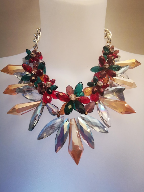 Runway Statement Bib Necklace made with Sparkling Multi Colour Crystal Flowers with Multidimensional design, Adjustable chain length.