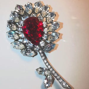 May include: A silver tone brooch featuring a large red rhinestone at its centre, surrounded by smaller clear rhinestones. The brooch is shaped like a flower with a stem.