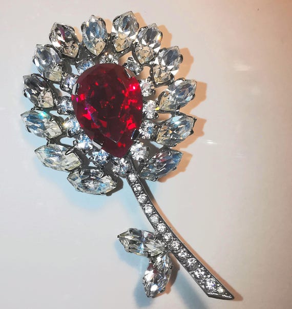 Rare! Large 1950s Vintage Flower Brooch Ruby Red Pear Cut with sparkling Navette Rhinestone petals. Mitchel Maer, Christian Dior attributes.