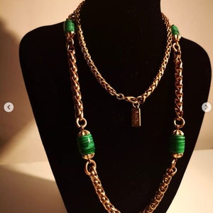 Vintage David Grau 80s Spanish Designer Green Swirled Art Glass Beaded Chunky Wheat Twist Braided Gold Tone Chain Necklace Signed David Grau