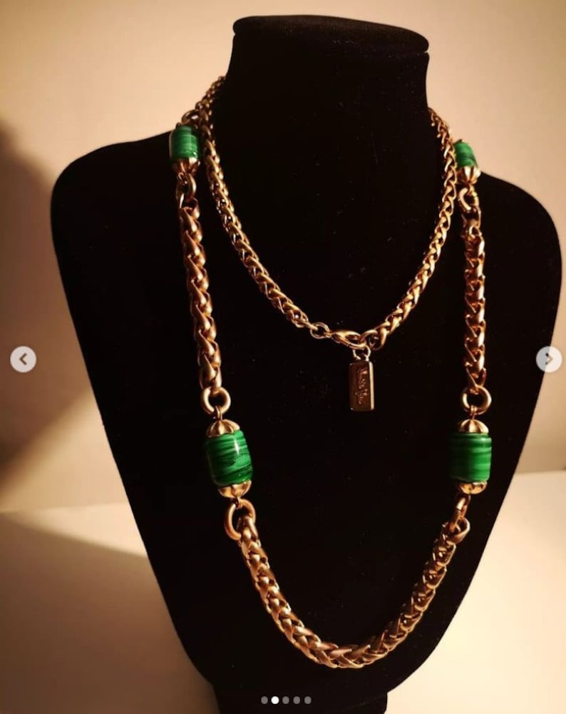 Vintage David Grau 80s Spanish Designer Green Swirled Art Glass Beaded Chunky Wheat Twist Braided Gold Tone Chain Necklace Signed David Grau
