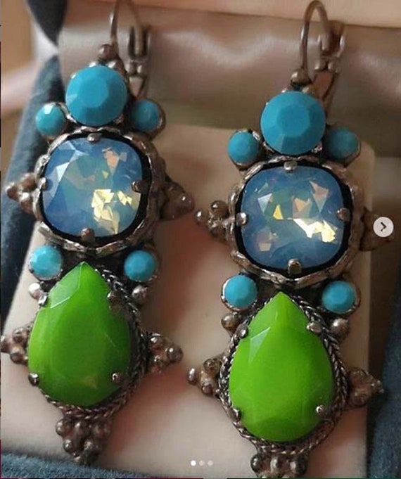 Vintage Faux Opal, Turquoise and Green Glass  Lever Black Earrings signed Franck Herval Bijoux, Made in France