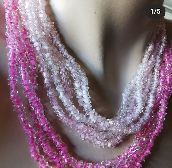 Vintage 50s 60s Pink Multi Strand Glass Beaded Bib Necklace