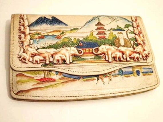 Antique 20's Celluloid Purse, Clutch Bag, Elephants, Embossed Mount Fuji Japan, Mirror, Coin Purse and Comb