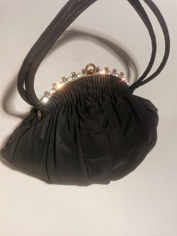 Vintage 40s Ruched Black Rayon Evening Purse with Rhinestone and Baguette Tiara Frame by Guild Creations