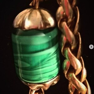 Vintage David Grau 80s Spanish Designer Green Swirled Art Glass Beaded Chunky Wheat Twist Braided Gold Tone Chain Necklace Signed David Grau