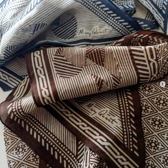 Mary Quant Scarves, One Brown, One Blue, Both with Fleur-de-Lis Print  Signed Mary Quant Vintage 60s.