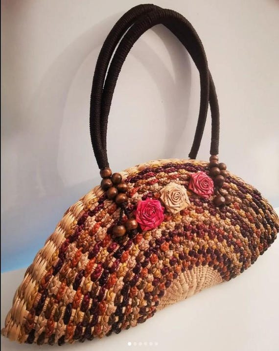 On Hold - Large Multi Coloured Fan Shape Basket Weave Bag, Pre-Loved, Vintage Style, Made in Thailand.