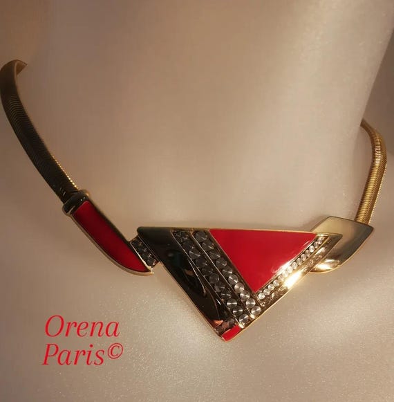 Vintage 80s Gold Articulated Snake Collar Necklace by Orena Paris with Red Enamel and fine engine turned disc detail. Signed Orena Paris©